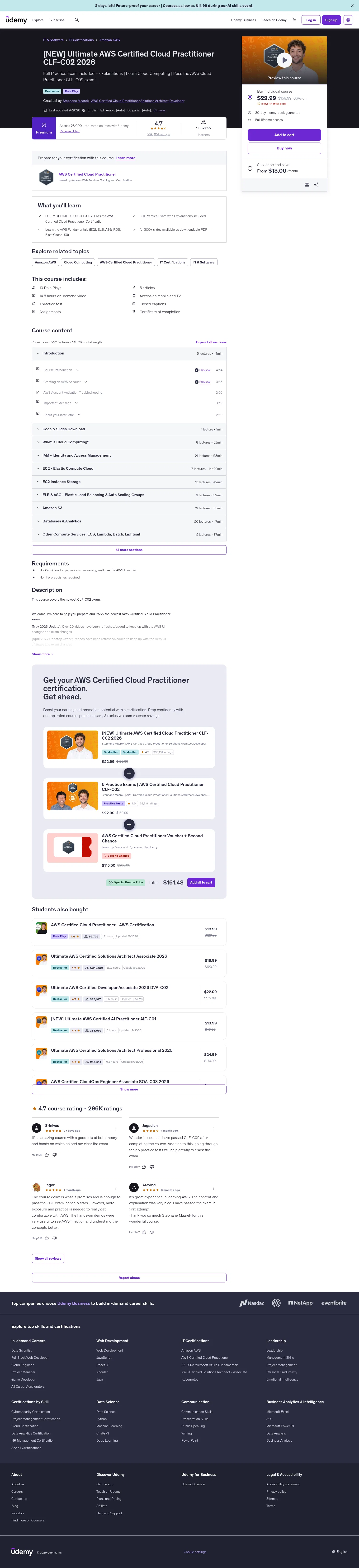 udemy.com/course/aws-certified-cloud-practitioner-new on desktop, full screenshot