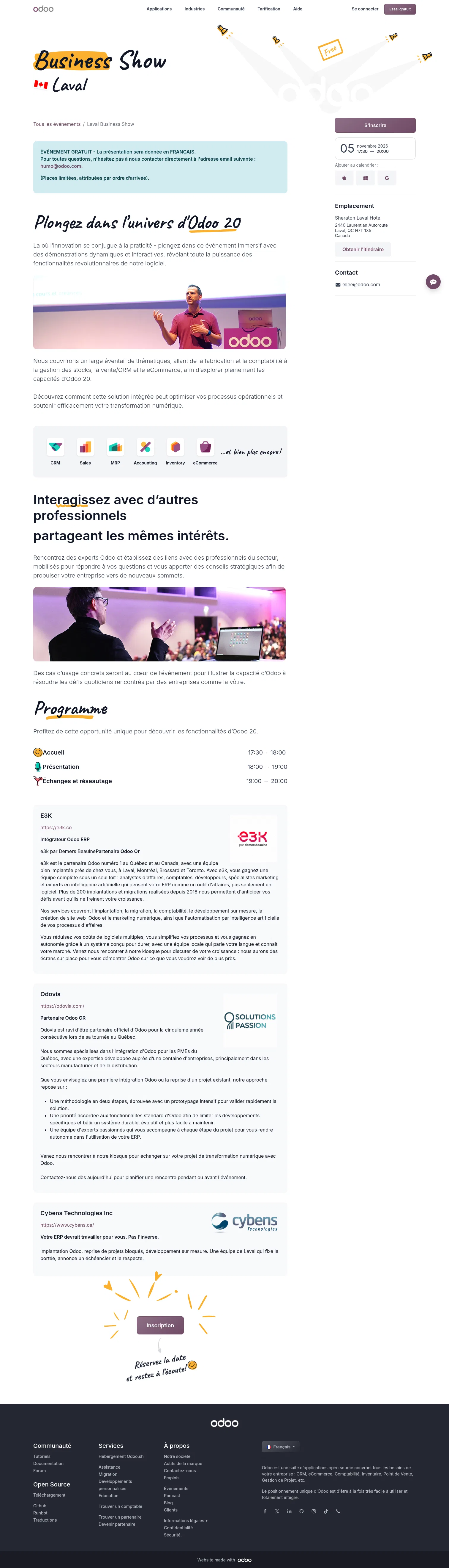 odoo.com/fr_FR/event/laval-business-show-12595/register on desktop, full screenshot