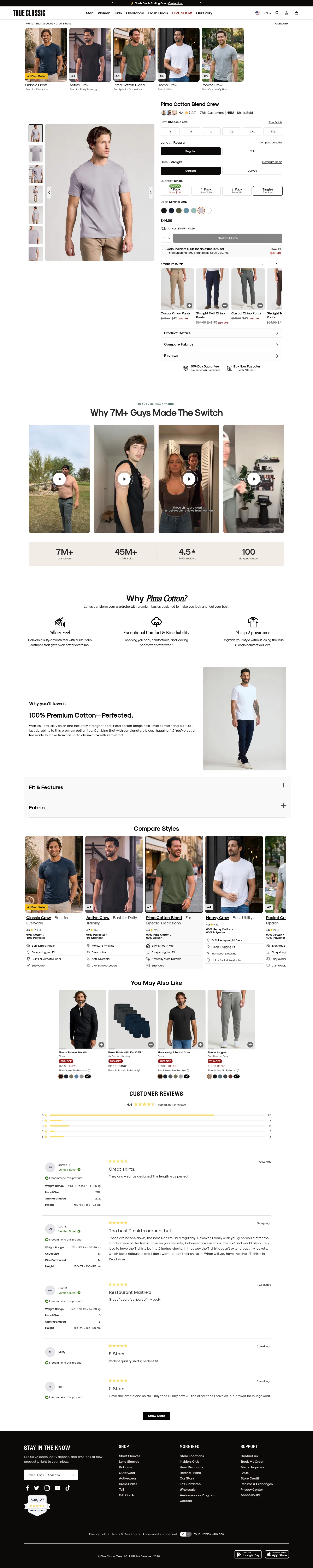 trueclassictees.com/products/minimal-gray-pima-cotton-blend-crew on desktop, full screenshot