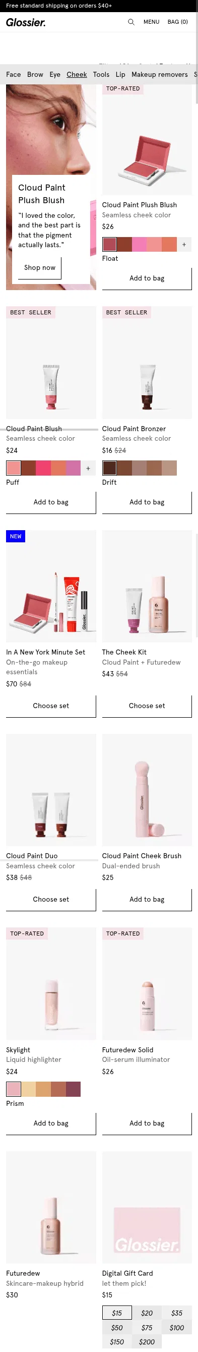 glossier.com/collections/cheek on mobile, full screenshot