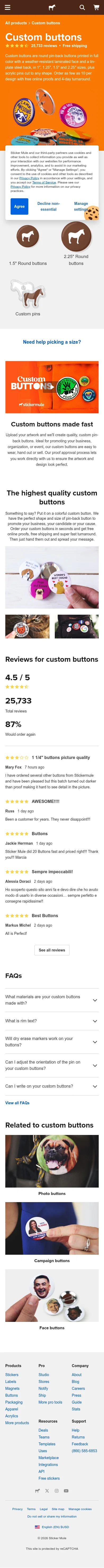 stickermule.com/custom-buttons on mobile, full screenshot