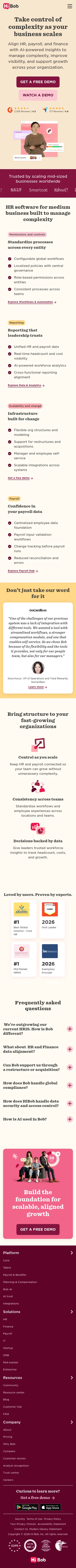 hibob.com/solutions/mid-sized-businesses on mobile, full screenshot