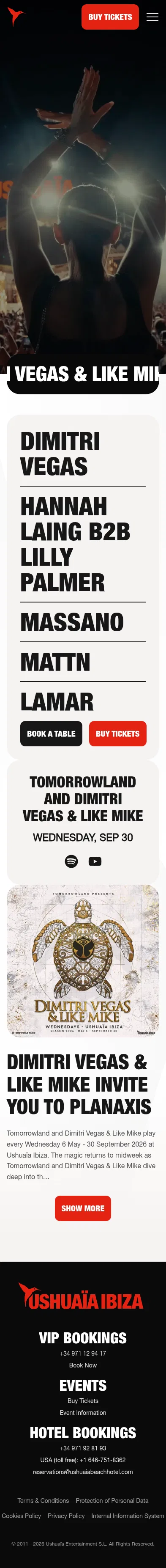 theushuaiaexperience.com/club/en/events/2026/tomorrowland-and-dimitri-vegas-like-mike/2026-09-30 on mobile, full screenshot