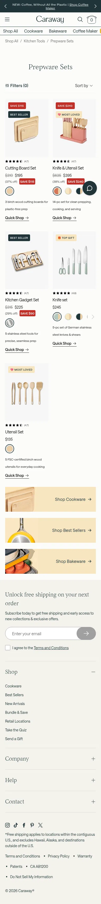 carawayhome.com/collections/prepware-sets on mobile, full screenshot