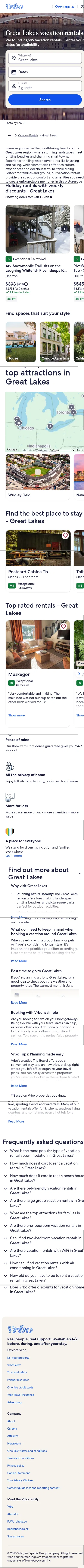 vrbo.com/vacation-rentals/north-america/great-lakes on mobile, full screenshot