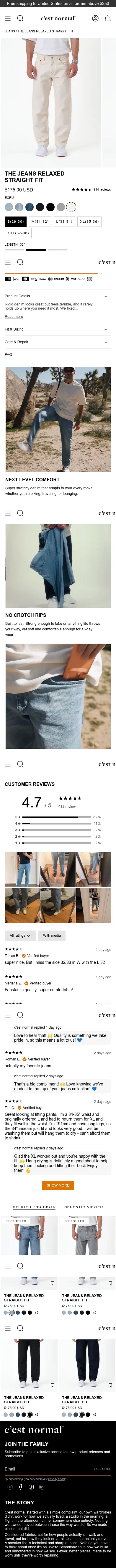 cestnormal.com/products/the-jeans-relaxed-straight-fit-ecru on mobile, full screenshot