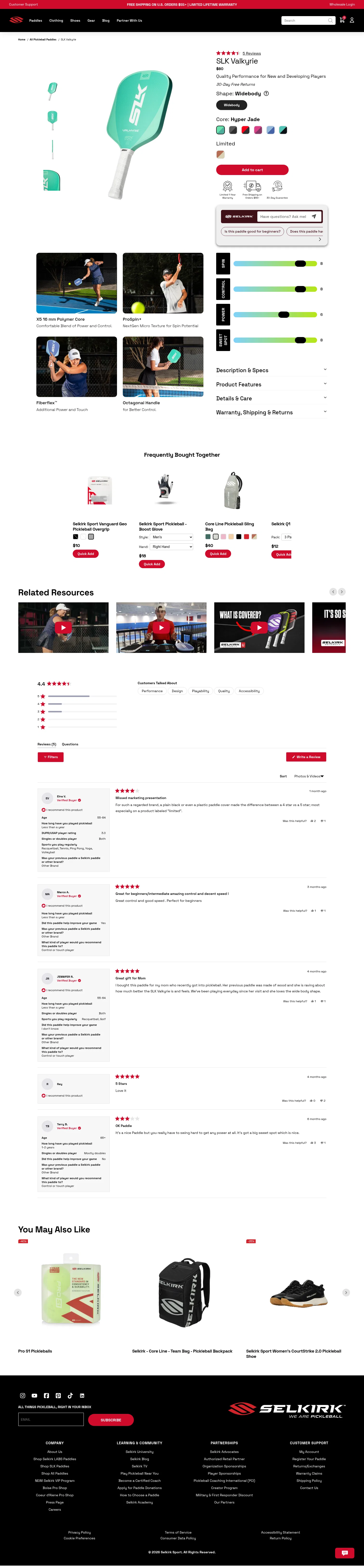 selkirk.com/products/slk-valkyrie on desktop, full screenshot