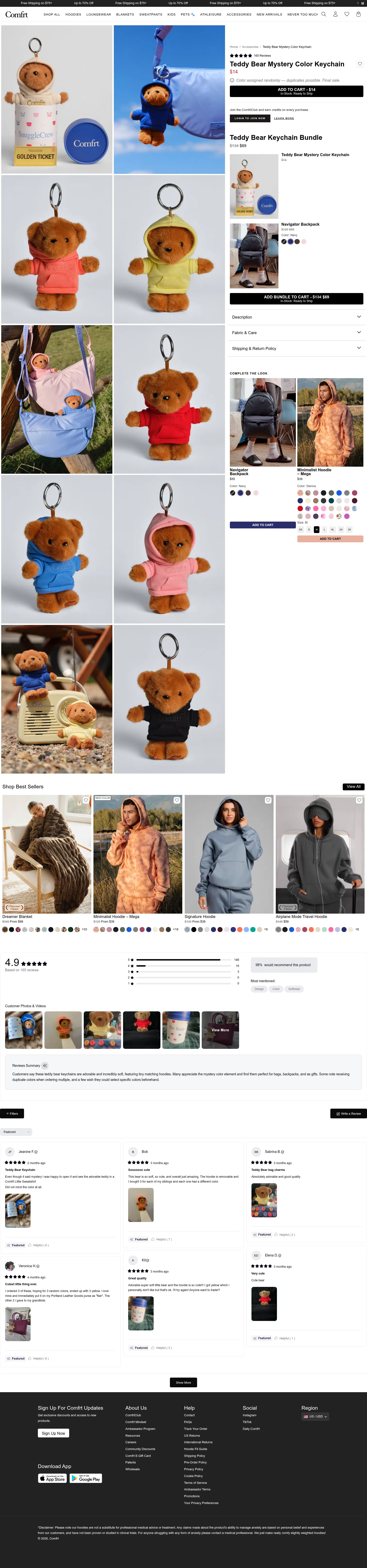 comfrt.com/products/teddy-bear-keychain on desktop, full screenshot
