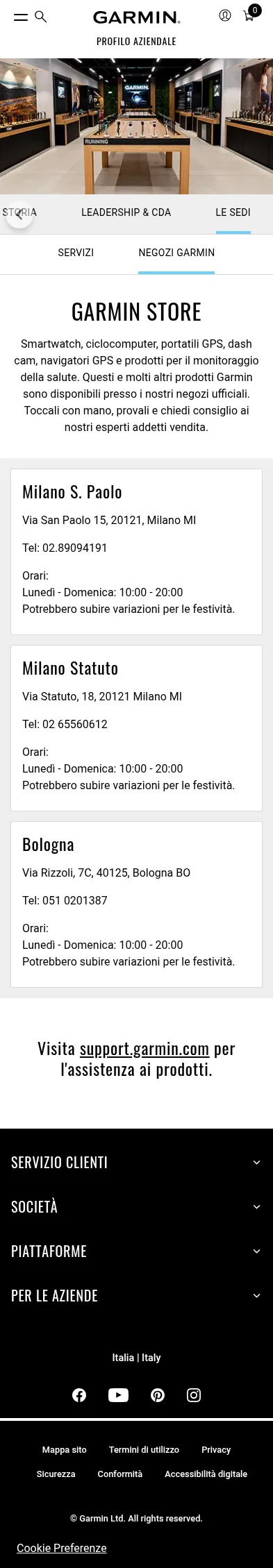 garmin.com/it-IT/company/locations/stores on mobile, full screenshot