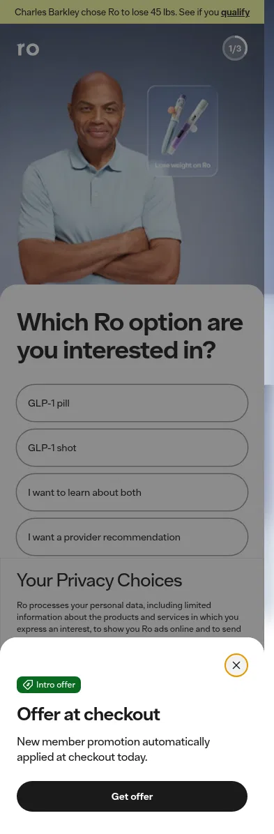 ro.co/lp/weight-loss/quiz/chuck/paid-social on mobile, full screenshot