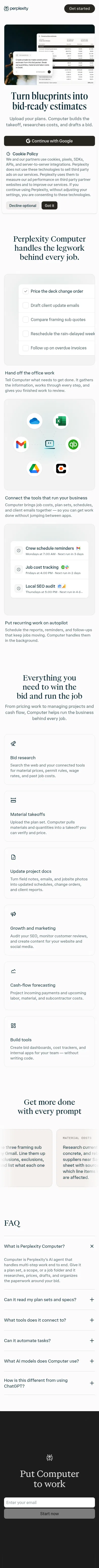 perplexity.ai/gen/computer-base/ai-construction-estimating/signin on mobile, full screenshot