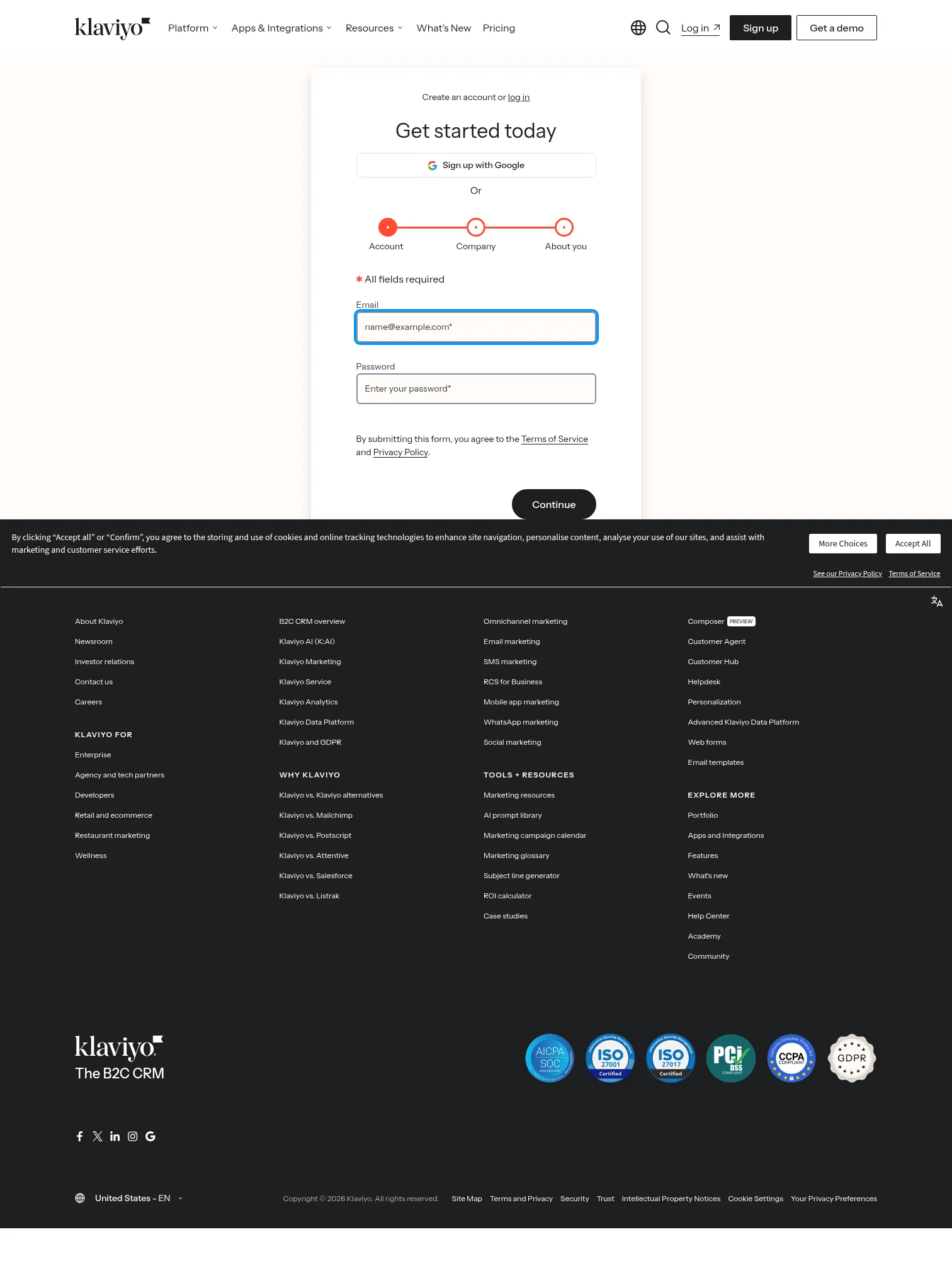 klaviyo.com/sign-up on desktop, full screenshot