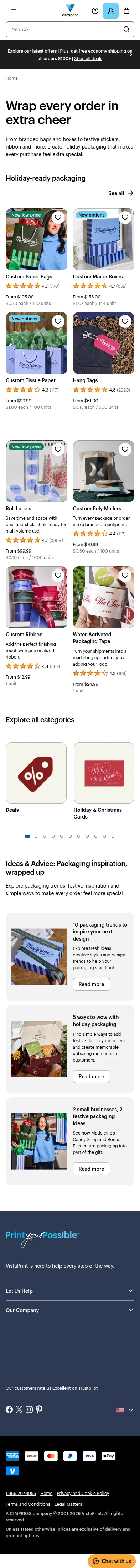 vistaprint.com/festive-packaging on mobile, full screenshot