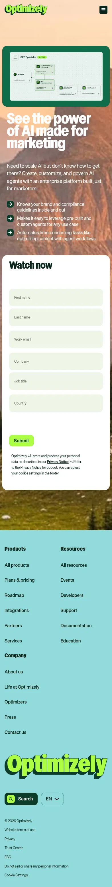 optimizely.com/demos/agent-platform-demo on mobile, full screenshot