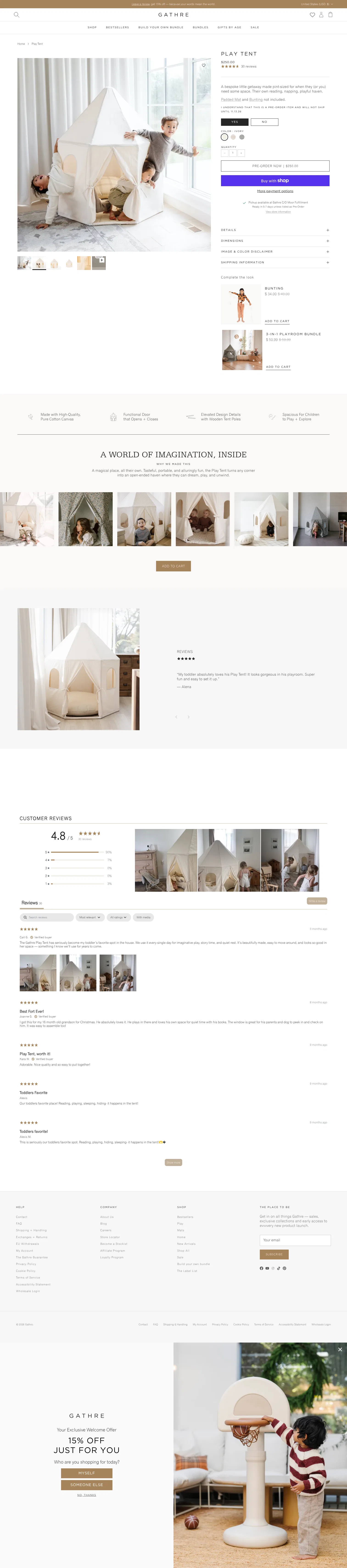 gathre.com/products/play-tent on desktop, full screenshot