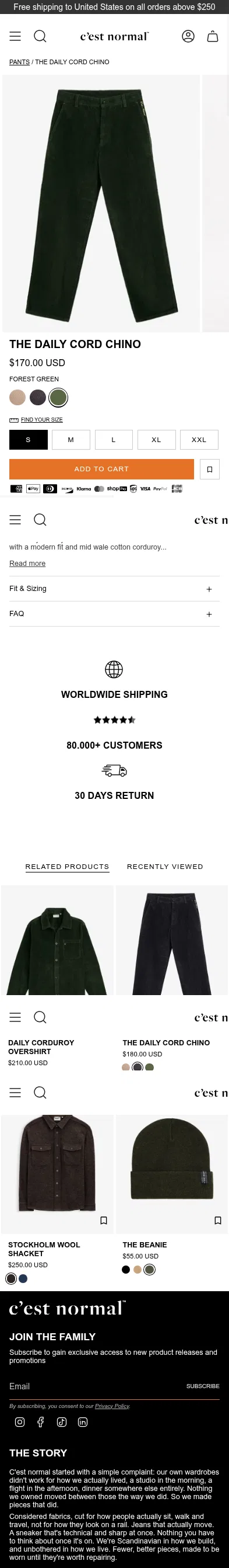 cestnormal.com/products/the-daily-cord-chino-forest-green on mobile, full screenshot