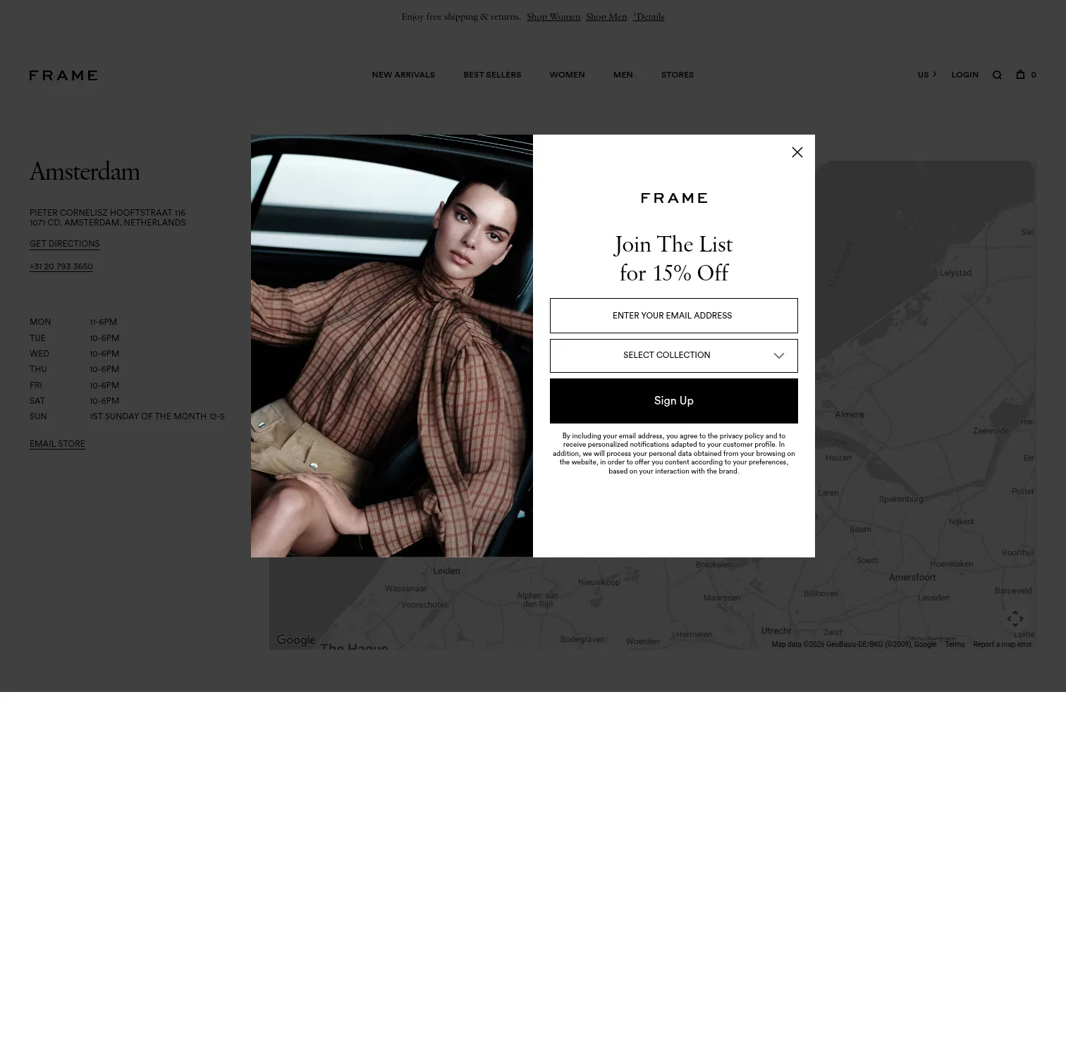 frame-store.com/pages/store/amsterdam-netherlands on desktop, full screenshot