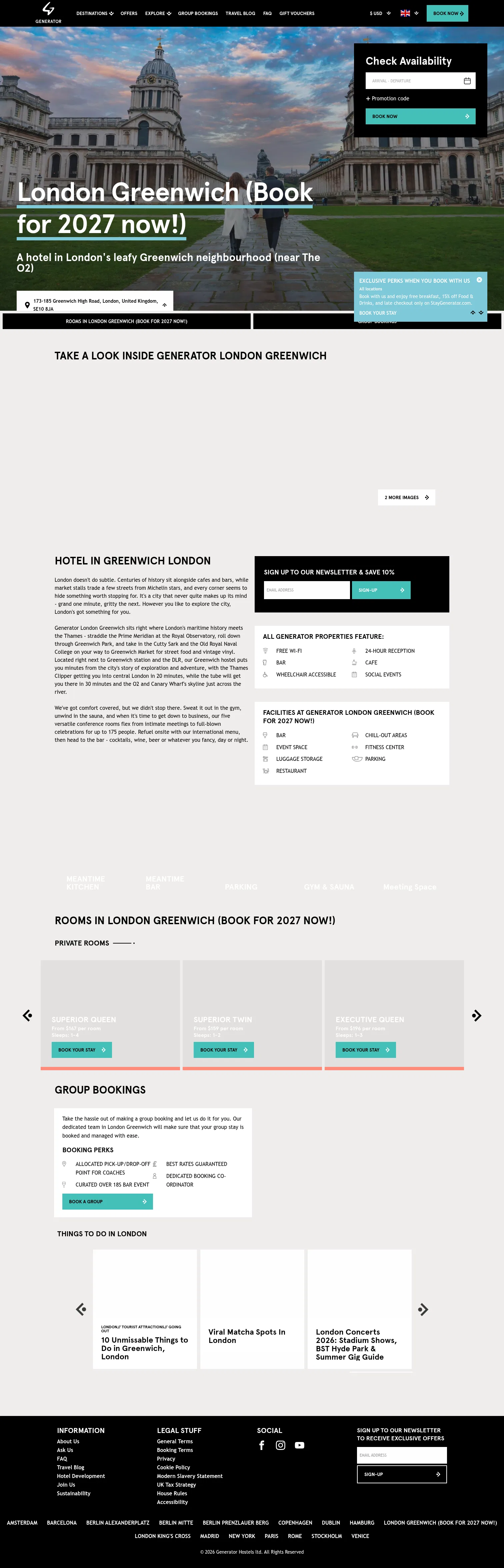 staygenerator.com/hostels/london/greenwich on desktop, full screenshot