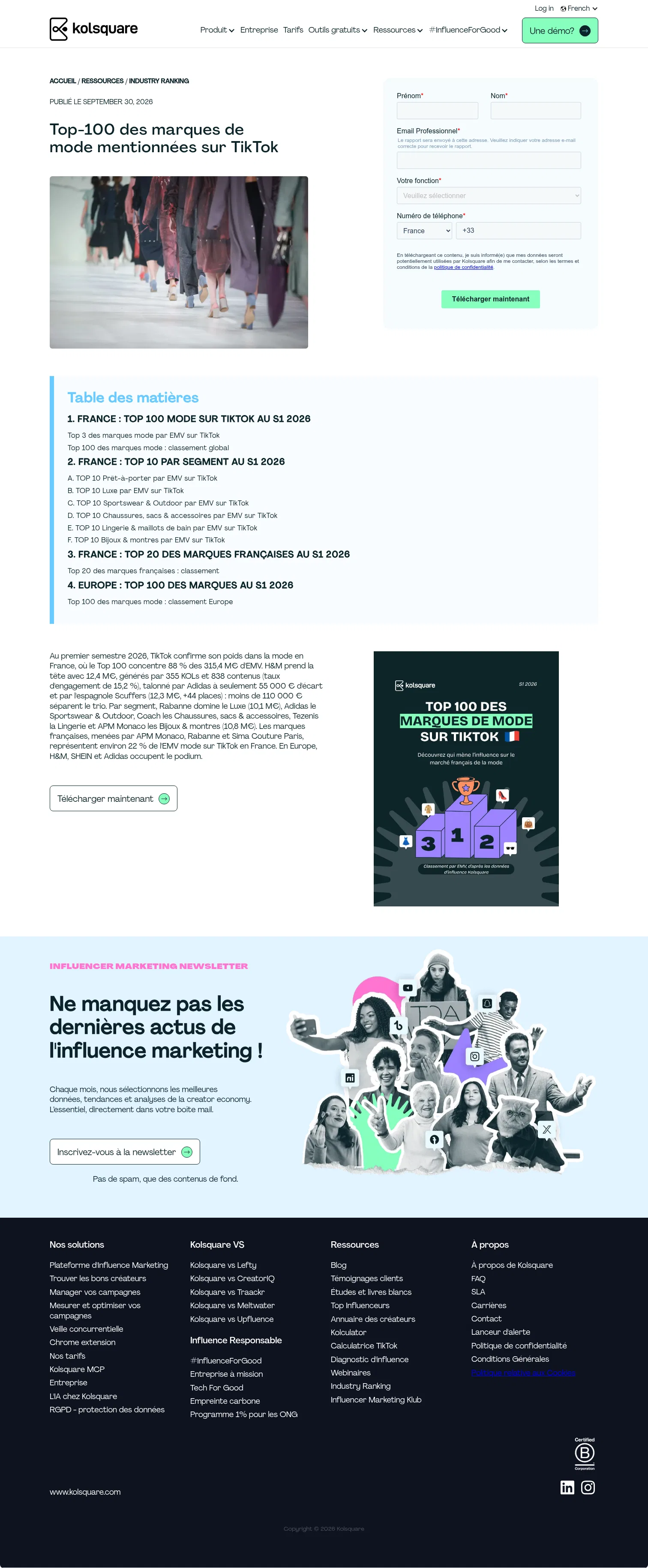 kolsquare.com/fr/industry-ranking/top-100-des-marques-de-mode-mentionnees-sur-tiktok on desktop, full screenshot