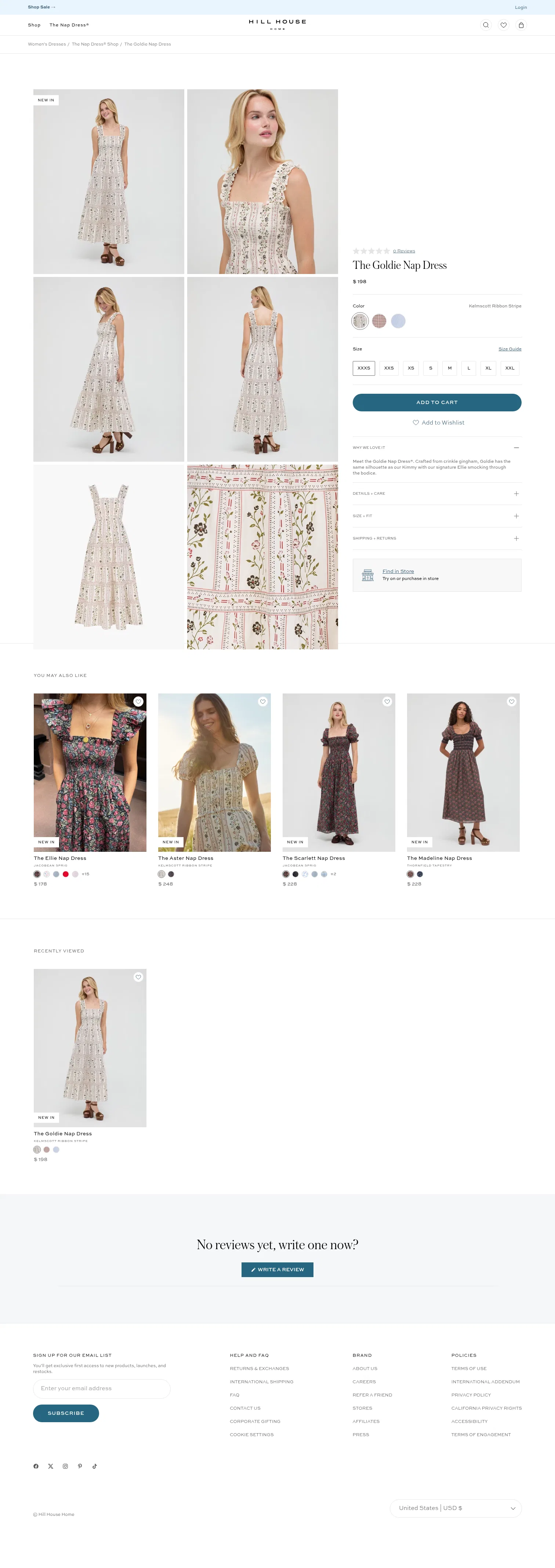 hillhousehome.com/collections/new-arrivals/products/the-goldie-nap-dress-thyme-floral on desktop, full screenshot