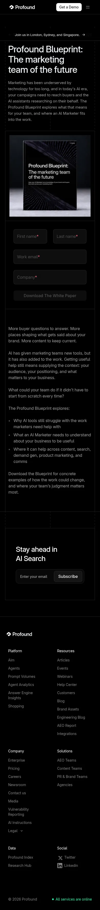 tryprofound.com/reports-guides/profound-blueprint-the-marketing-team-of-the-future on mobile, full screenshot