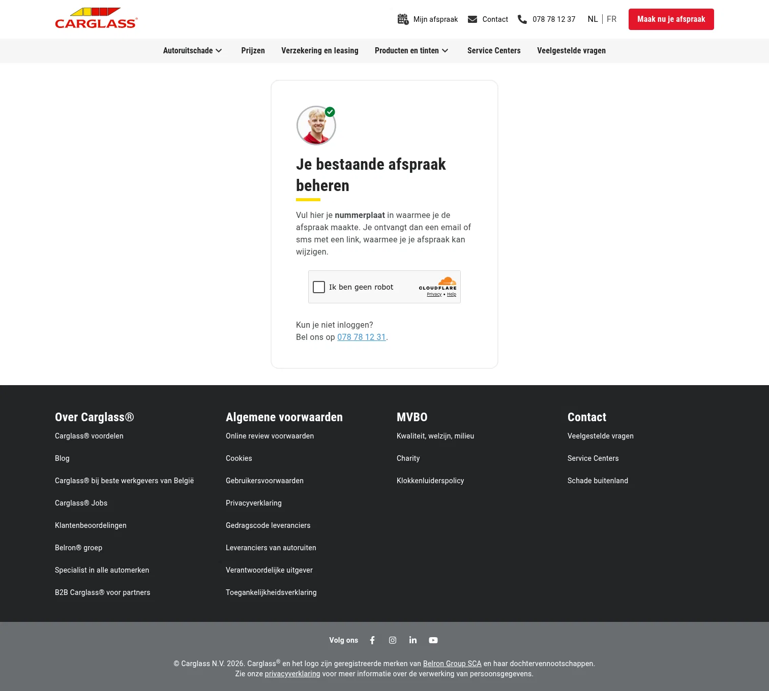 carglass.be/nl/customer-portal/login on desktop, full screenshot