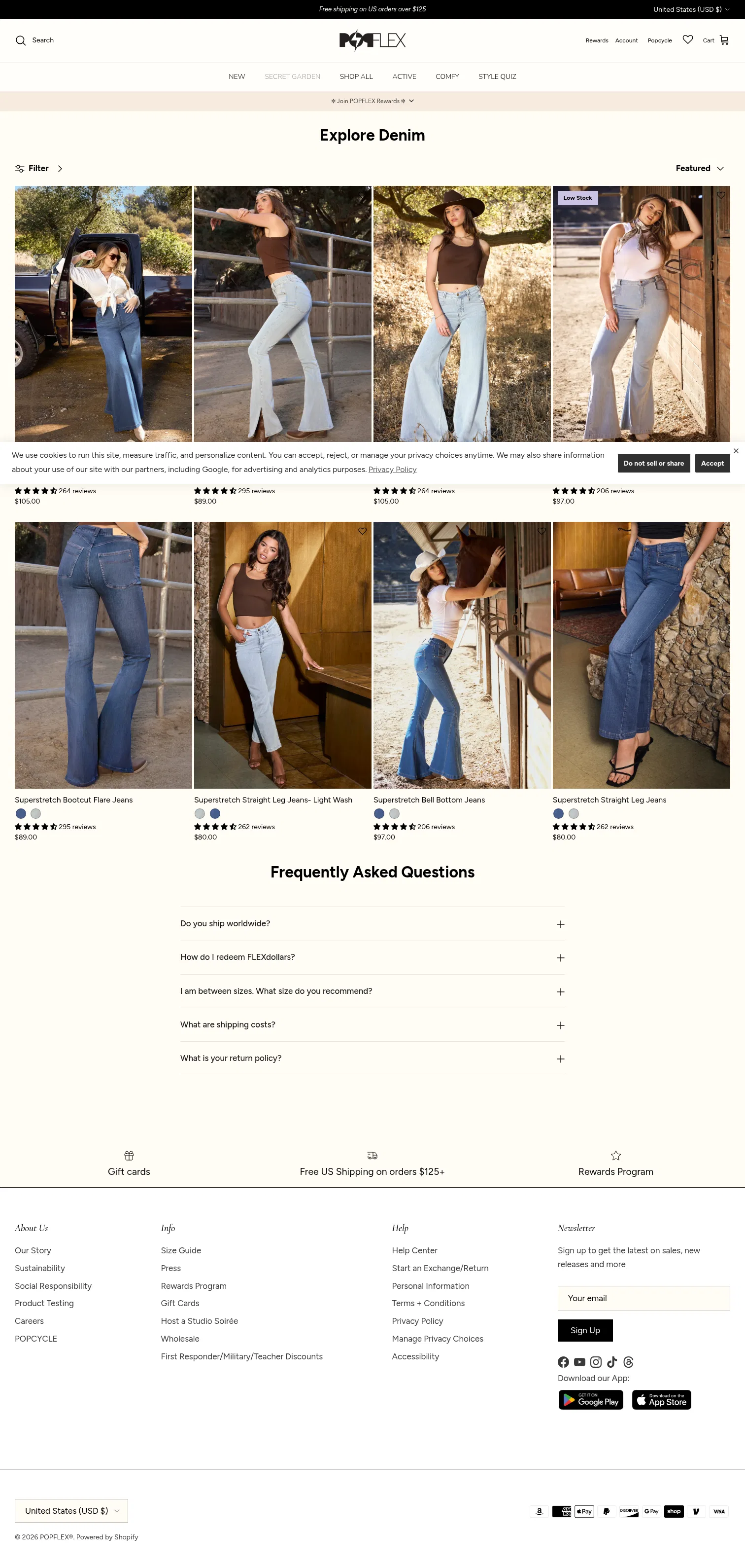 popflexactive.com/collections/explore-denim on desktop, full screenshot