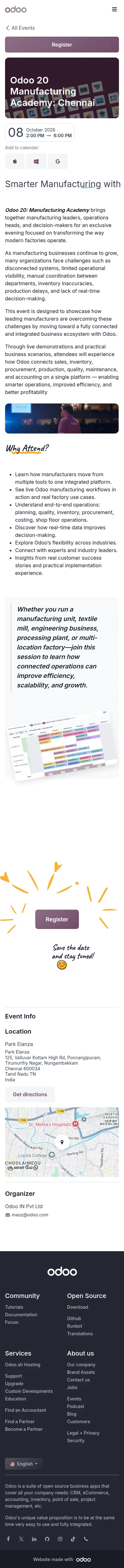 odoo.com/event/odoo-20-manufacturing-academy-chennai-12014/register on mobile, full screenshot