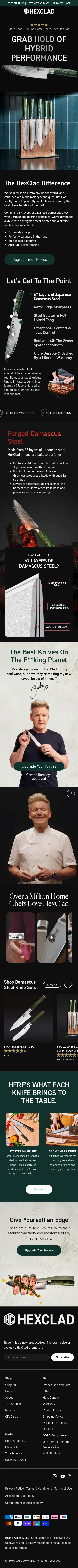 hexclad.co.uk/pages/premium-knives on mobile, full screenshot