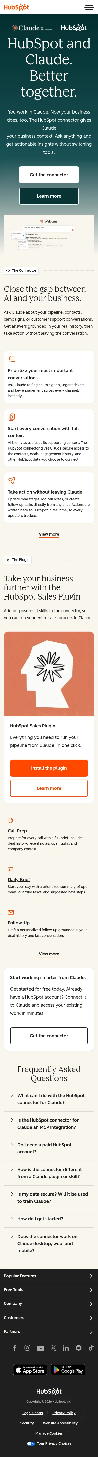 hubspot.com/claude on mobile, full screenshot