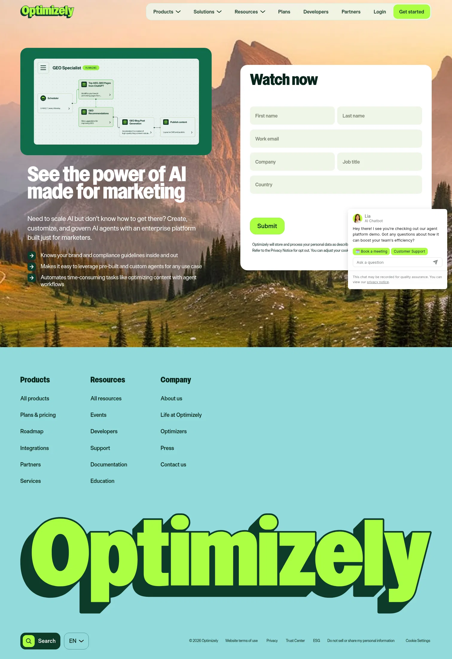 optimizely.com/demos/agent-platform-demo on desktop, full screenshot