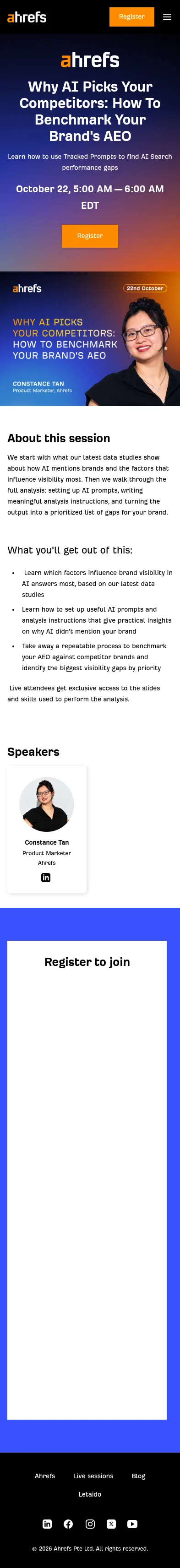 ahrefs.registration.goldcast.io/webinar/8ab03044-d27d-4e5f-8b8b-ba50e878aa7b on mobile, full screenshot