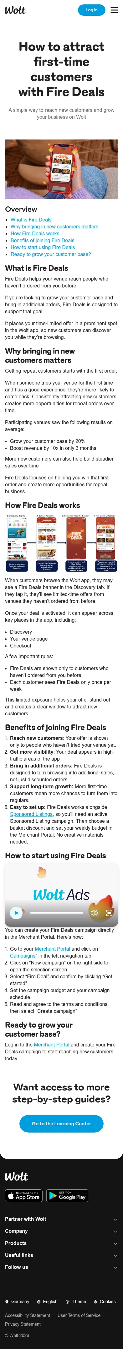 merchant.wolt.com/en/deu/learning-center/how-to-attract-first-time-customers-with-fire-deals on mobile, full screenshot