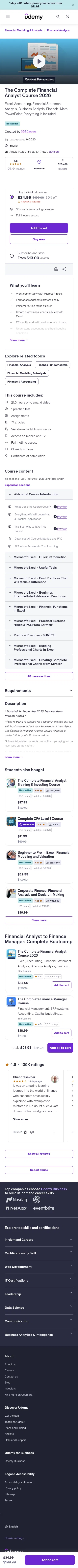 udemy.com/the-complete-financial-analyst-course on mobile, full screenshot