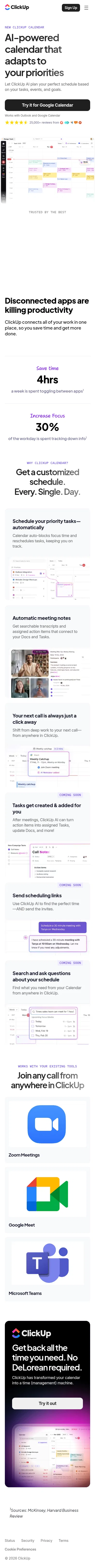 clickup.com/lp/features/calendar on mobile, full screenshot