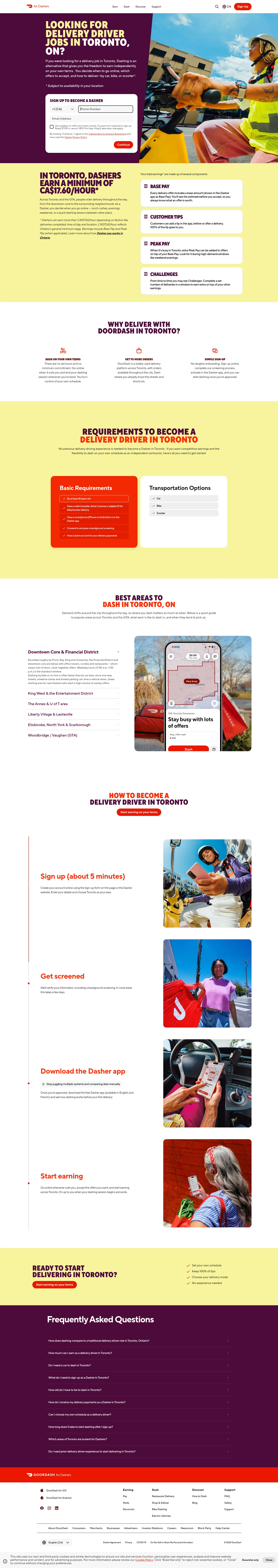 dasher.doordash.com/en-ca/delivery-driving-jobs/on/toronto on desktop, full screenshot