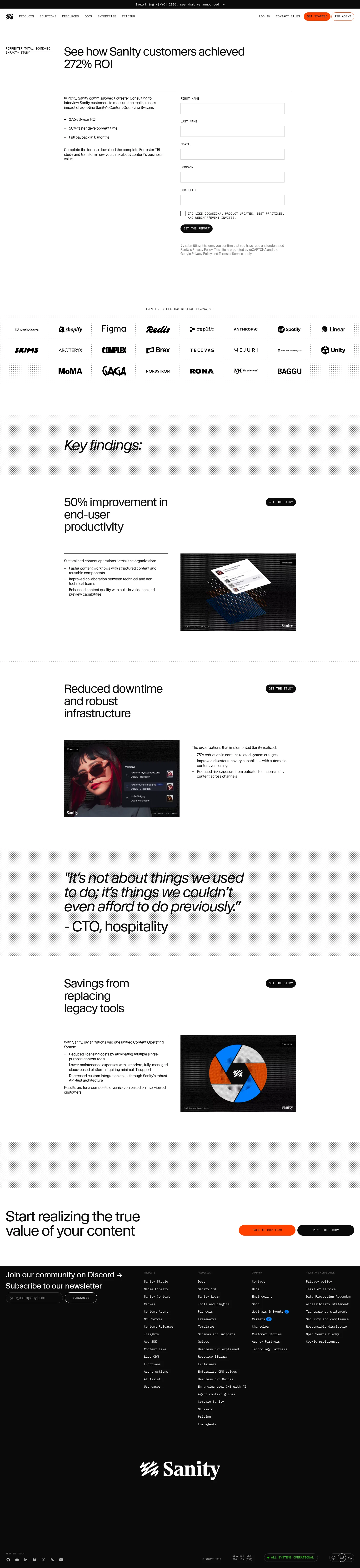 sanity.io/forrester-total-economic-impact-study on desktop, full screenshot