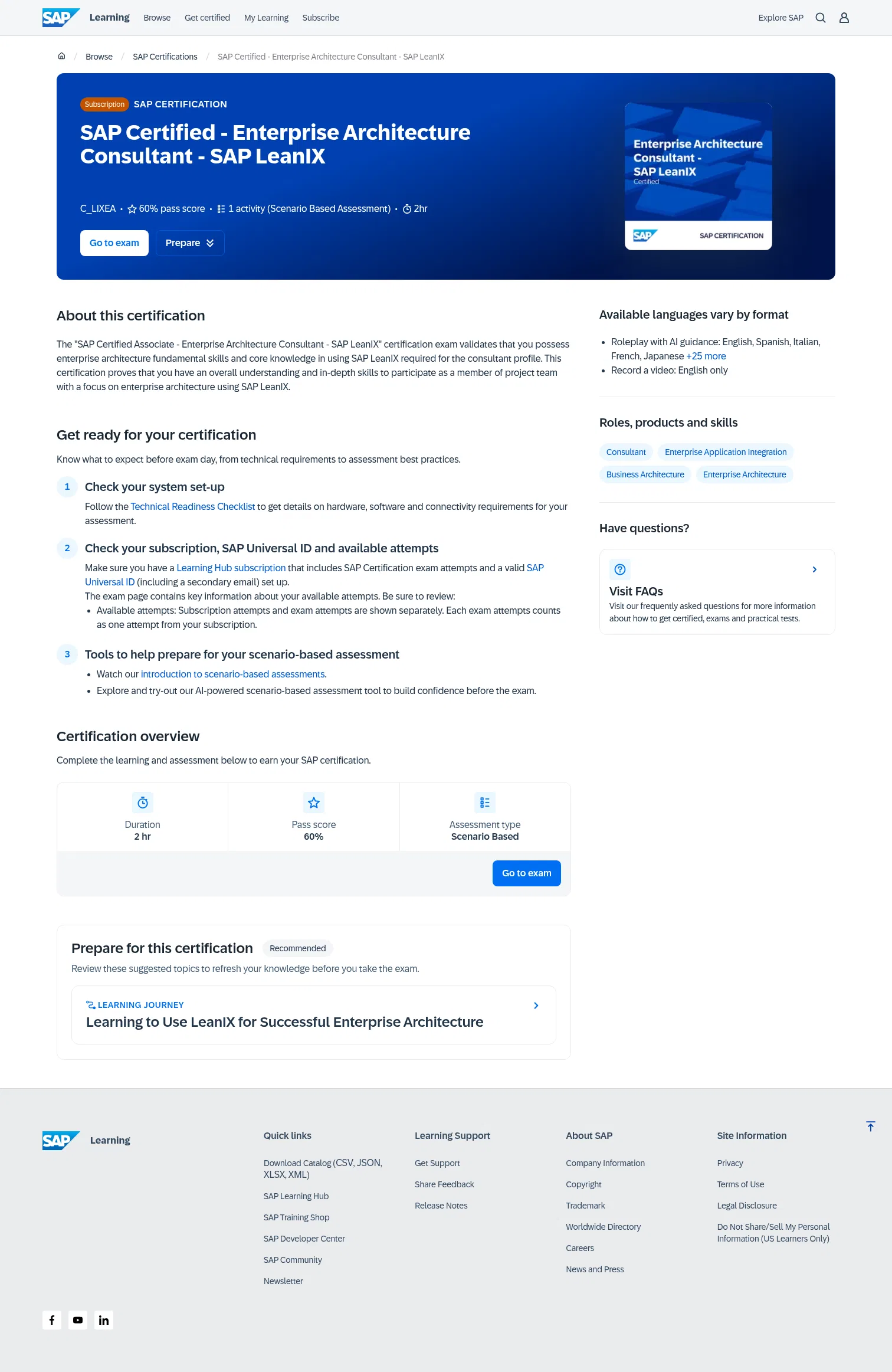 learning.sap.com/certifications/sap-certified-associate-enterprise-architecture-consultant-sap-leanix on desktop, full screenshot