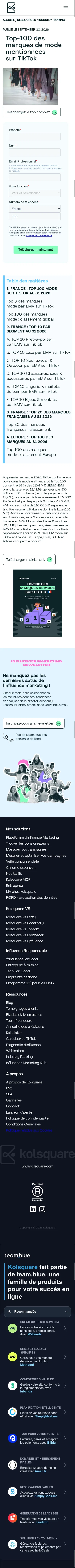 kolsquare.com/fr/industry-ranking/top-100-des-marques-de-mode-mentionnees-sur-tiktok on mobile, full screenshot