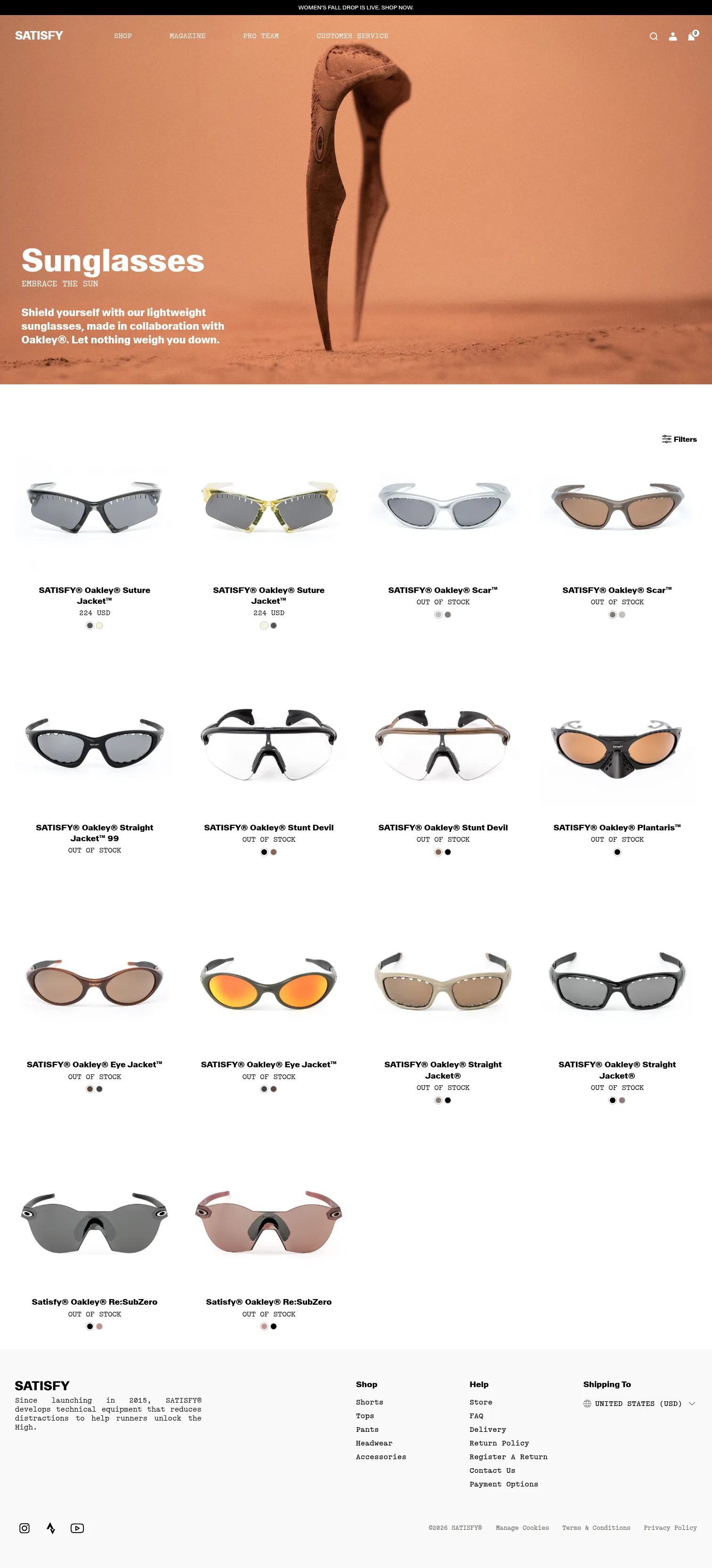 satisfyrunning.com/collections/sunglasses on desktop, full screenshot