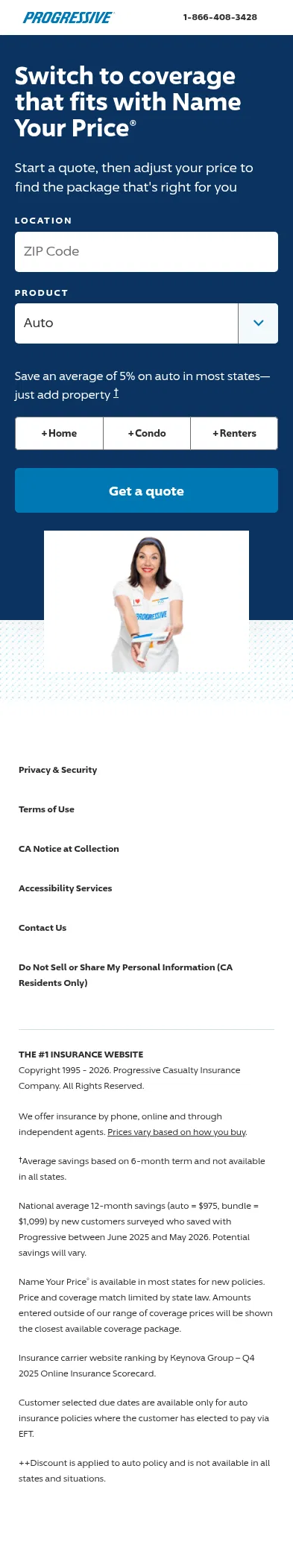 progressive.com/lp/auto-name-your-price on mobile, full screenshot