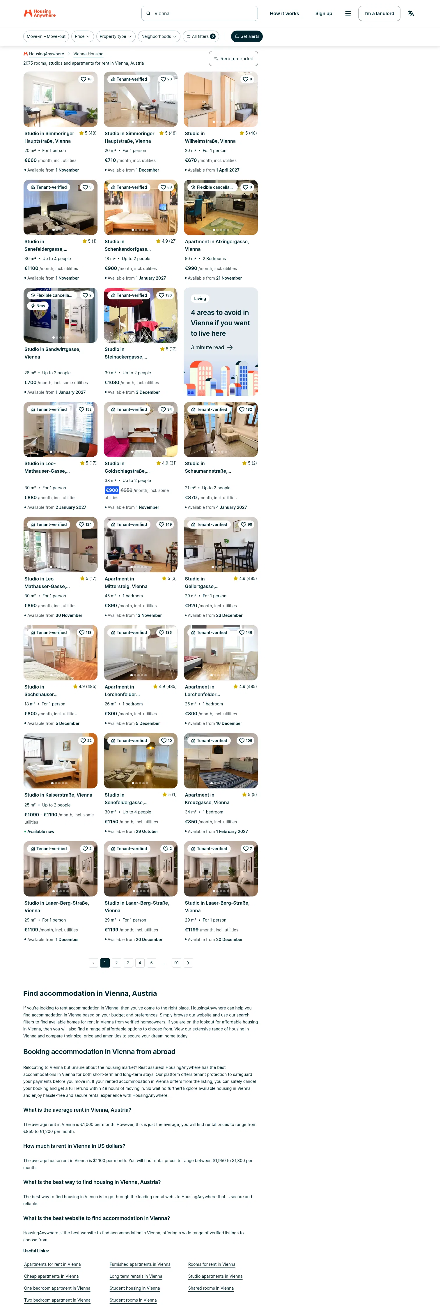 housinganywhere.com/s/Vienna--Austria on desktop, full screenshot