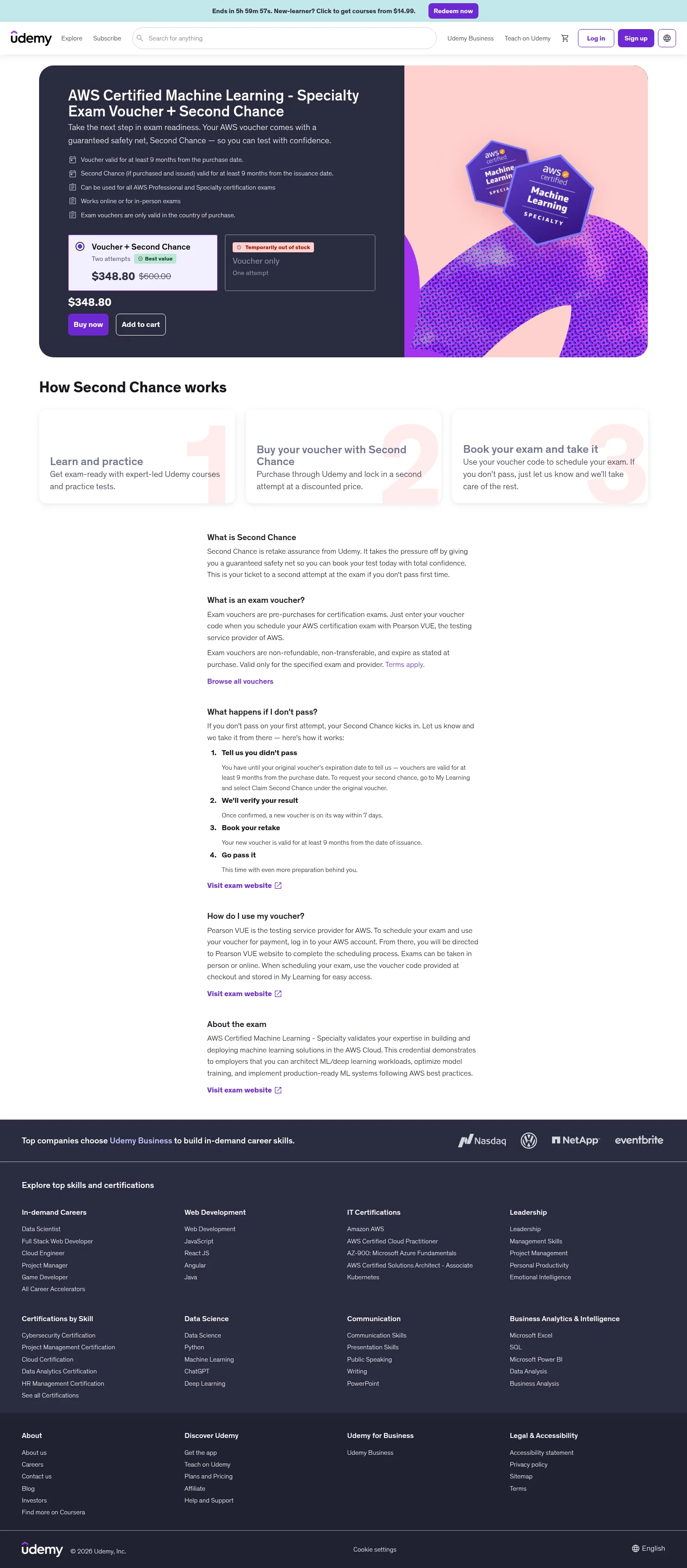 udemy.com/certification-vouchers/aws-certified-machine-learning-specialty on desktop, full screenshot