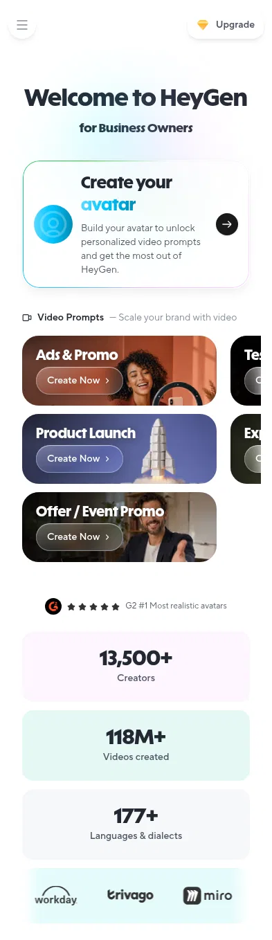 app.heygen.com/home/business on mobile, full screenshot