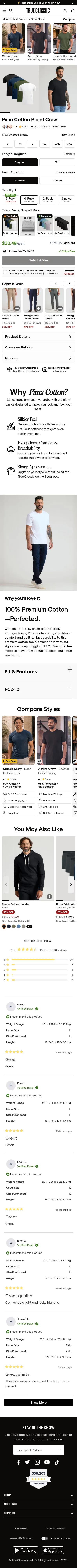 trueclassictees.com/products/pima-cotton-blend-crews-tees-4-pack on mobile, full screenshot