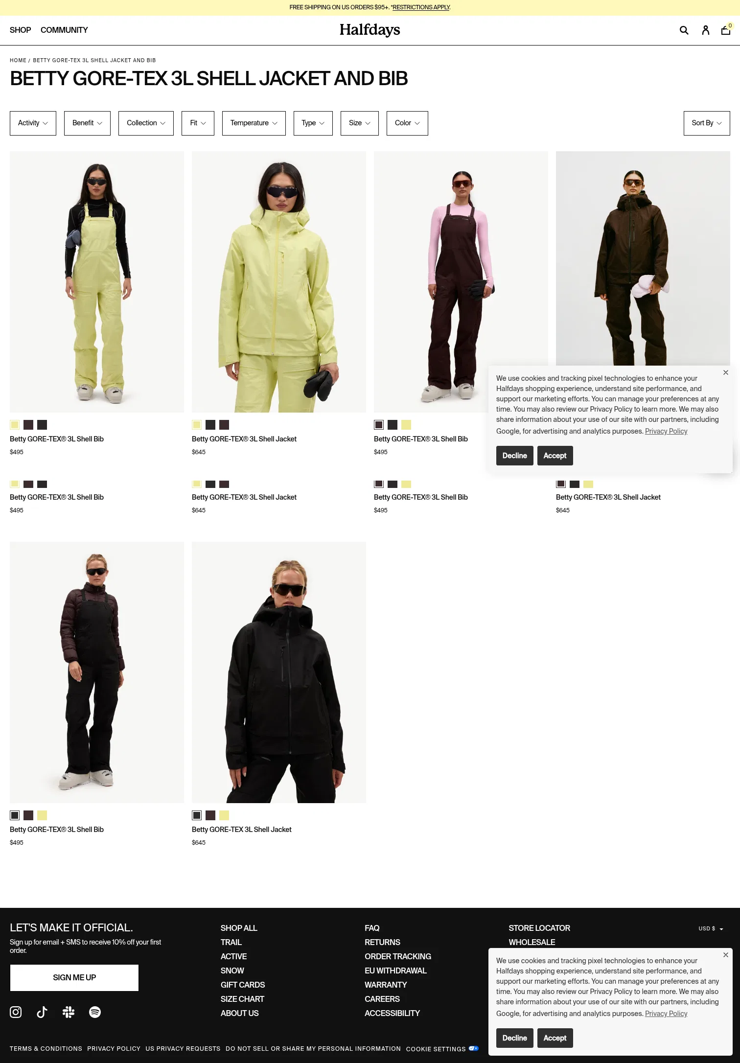 halfdays.com/collections/betty-gore-tex-3l-shell-jacket-and-snow-bib on desktop, full screenshot