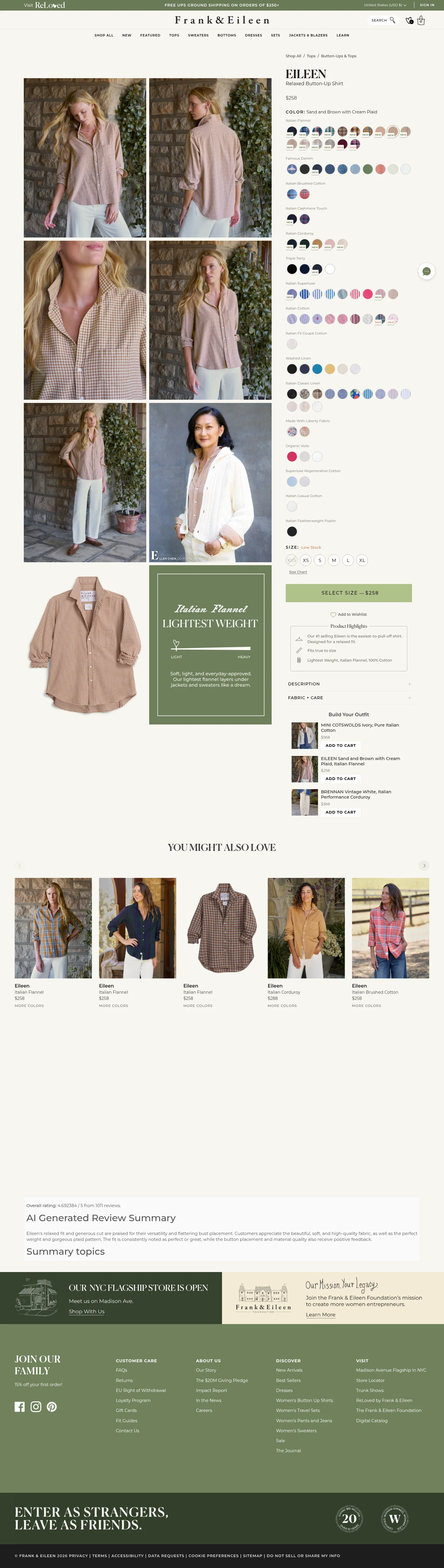 frankandeileen.com/products/eileen-sand-and-brown-with-cream-plaid-italian-flannel on desktop