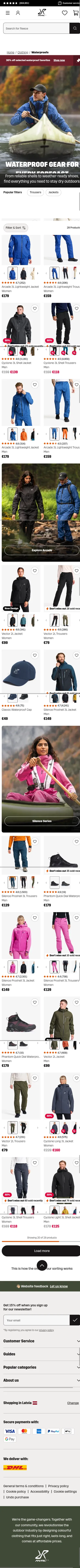 revolutionrace.eu/clothing/waterproofs on mobile, full screenshot
