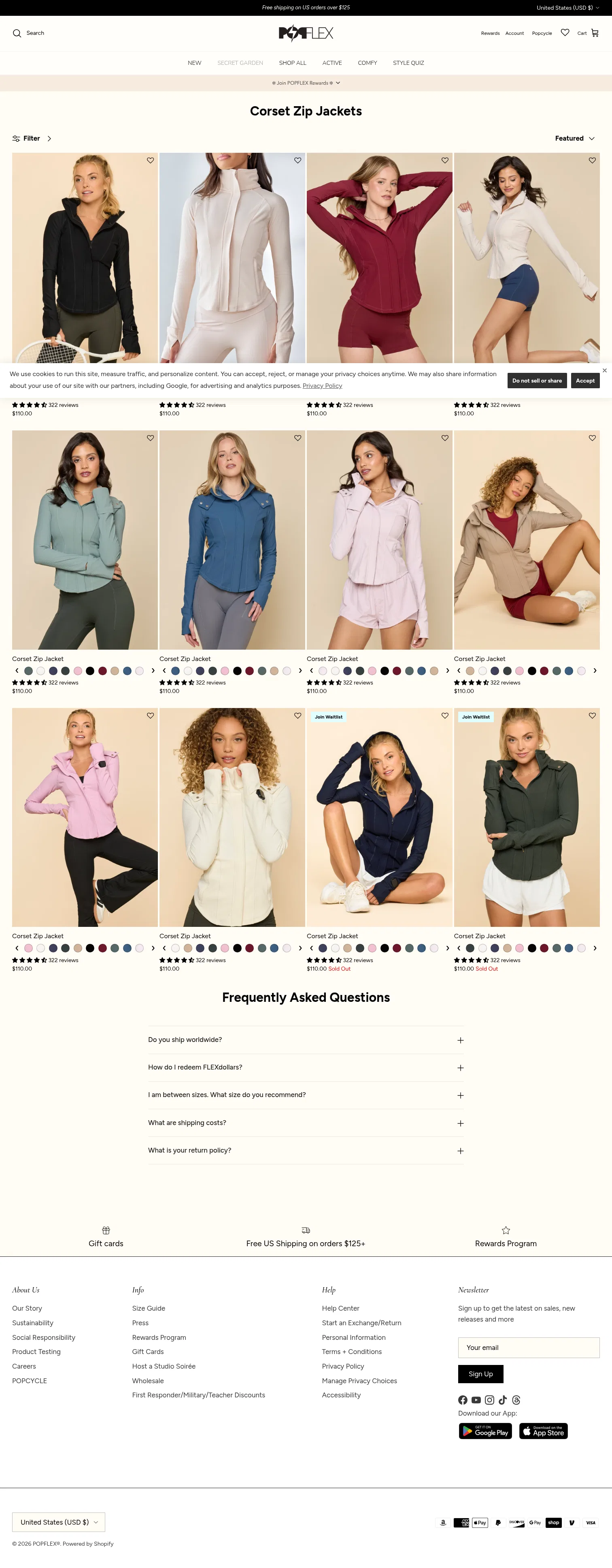 popflexactive.com/collections/corset-zip-jackets on desktop, full screenshot