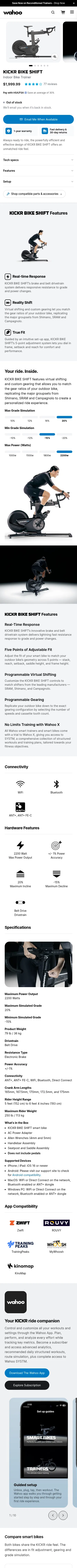 wahoofitness.com/devices/indoor-cycling/smart-bikes/kickr-bike-shift-buy on mobile, full screenshot